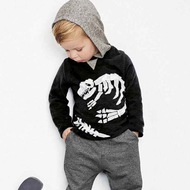 Spring Autumn Cartoon Dinosaur Print Baby Boy Sports Suit with Long Sleeves