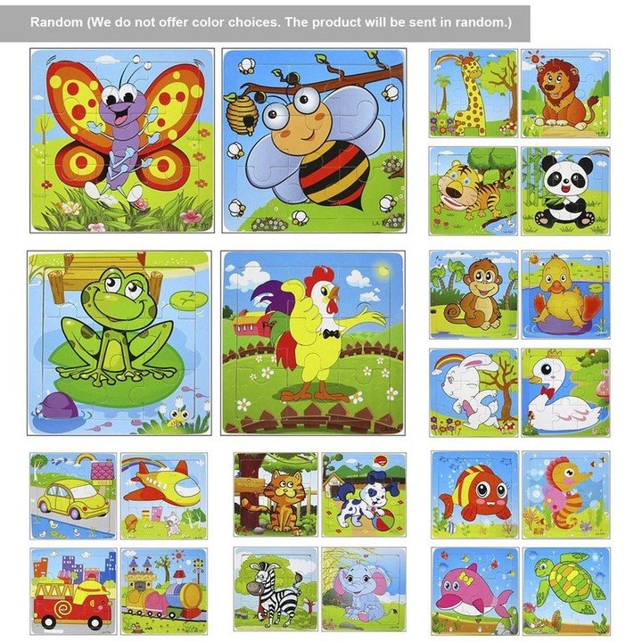 Wooden Cartoon Animals Pattern Puzzle 9pcs Jigsaw Baby Kid Early Learning Toy