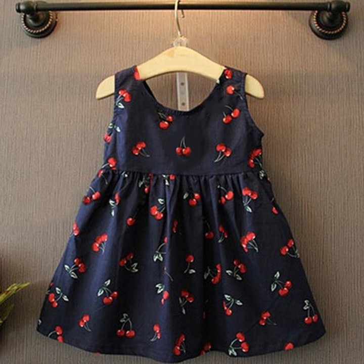 Girls Cherry Cute Navy cotton lace sleeveless vest With Cheeries Easter Dress
