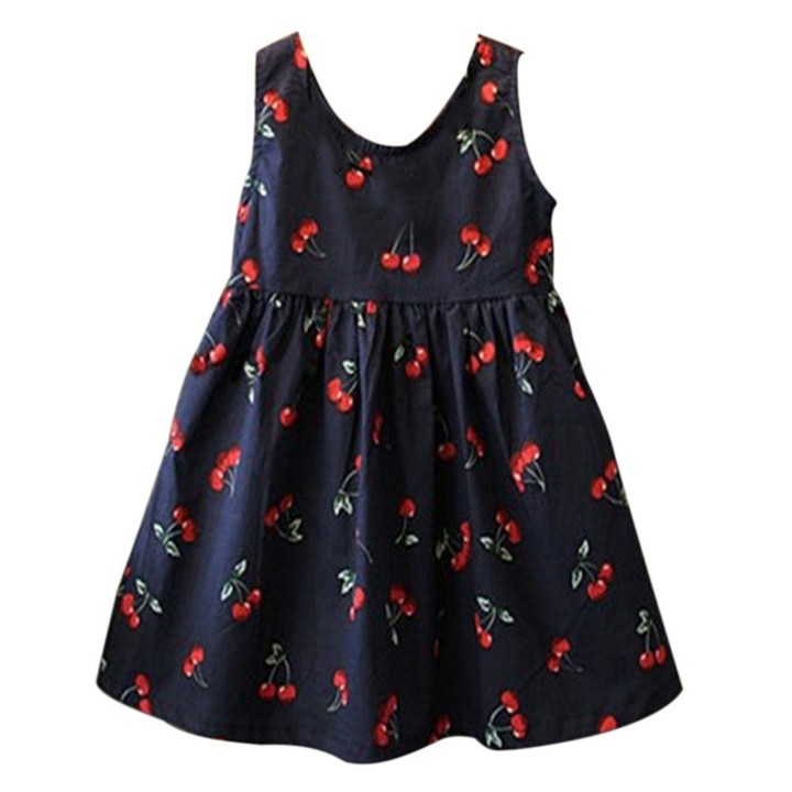 Girls Cherry Cute Navy cotton lace sleeveless vest With Cheeries Easter Dress