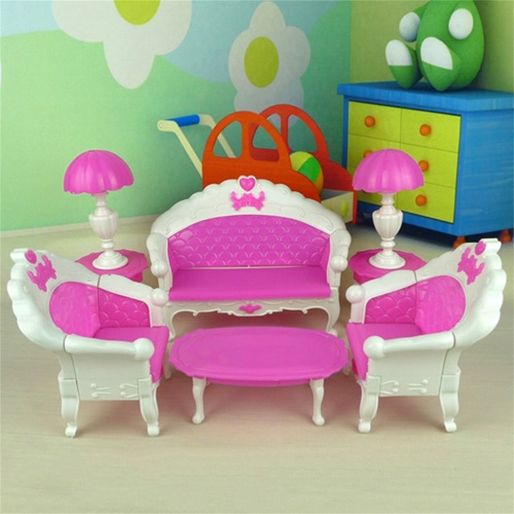 6Pcs Toys For Barbie Doll Sofa Chair Couch Desk Lamp Furniture Set Disassembled