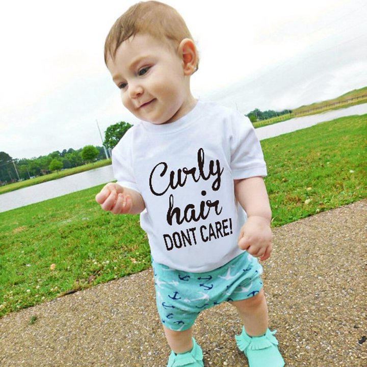 Baby Boys Girls T-shirt Solid Curly Hair Don&apos;t Care Printed Short Sleeve Tops