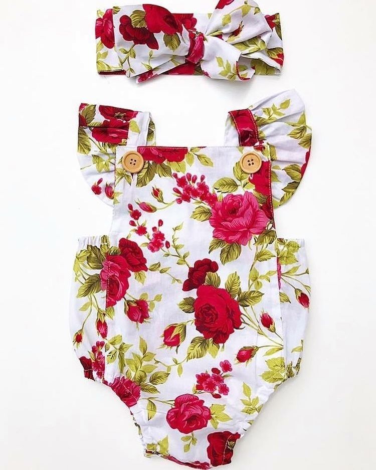 Cute Floral Romper 2pcs Baby Girls Clothes Jumpsuit Romper Headband Toddler Newborn Outfits Set