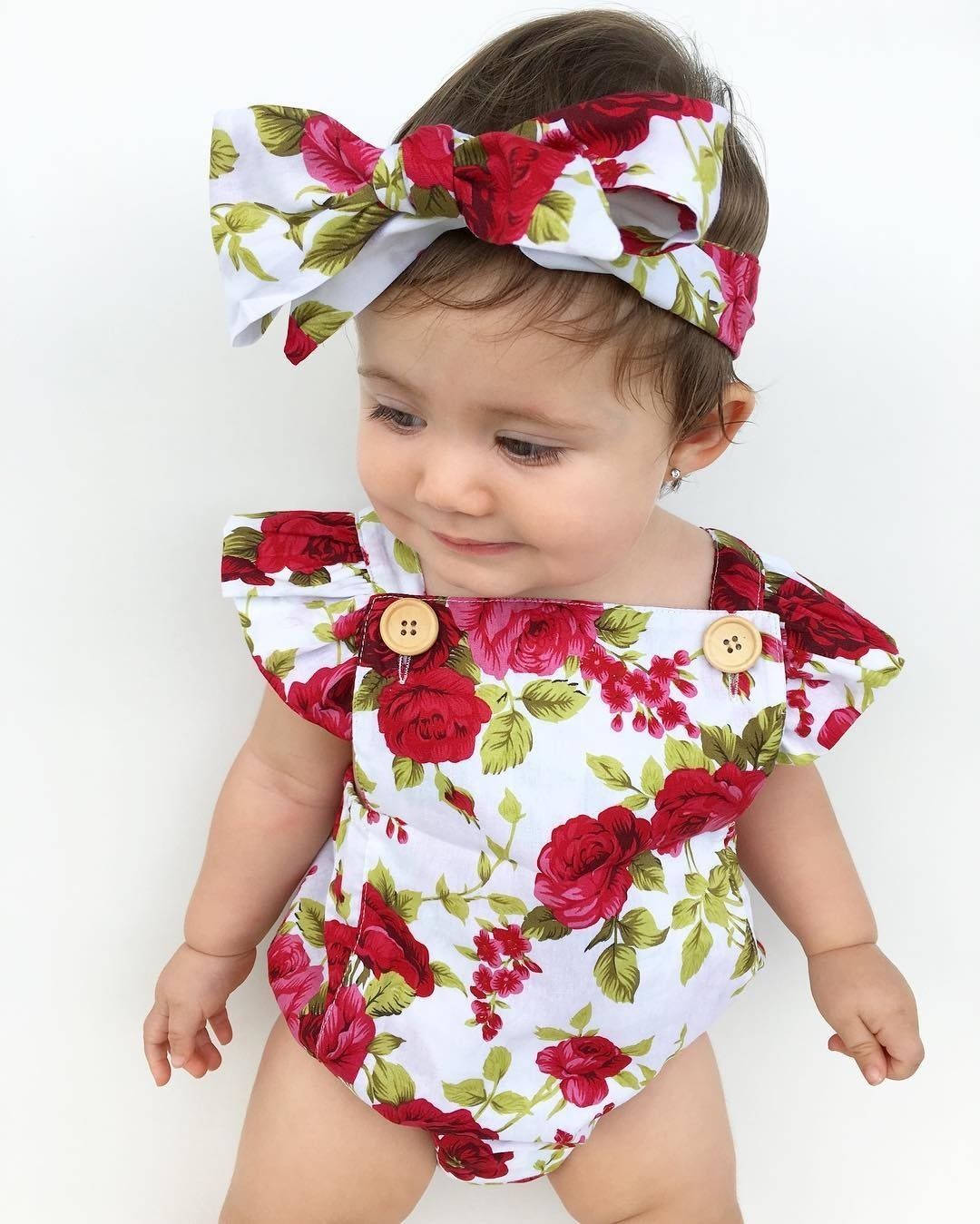 Cute Floral Romper 2pcs Baby Girls Clothes Jumpsuit Romper Headband Toddler Newborn Outfits Set