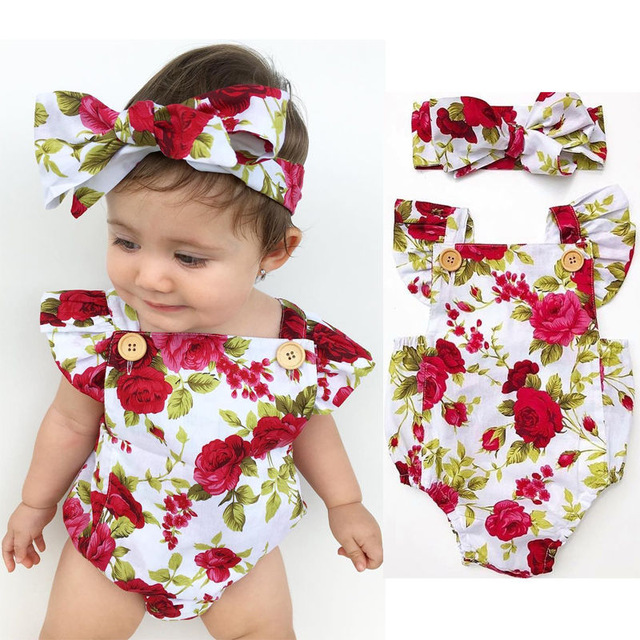 Cute Floral Romper 2pcs Baby Girls Clothes Jumpsuit Romper Headband Toddler Newborn Outfits Set