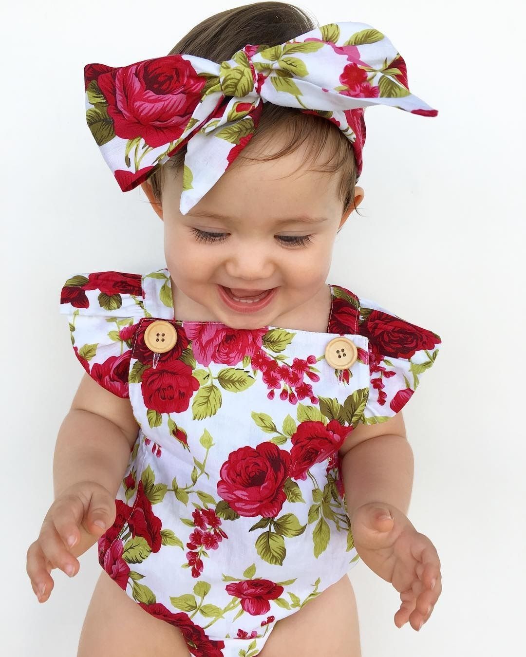 Cute Floral Romper 2pcs Baby Girls Clothes Jumpsuit Romper Headband Toddler Newborn Outfits Set