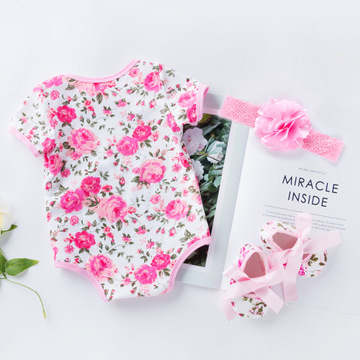 Cute Romper 3pcs Baby Girls Clothes Jumpsuit Romper Headband with shoes Toddler Newborn Outfits Set