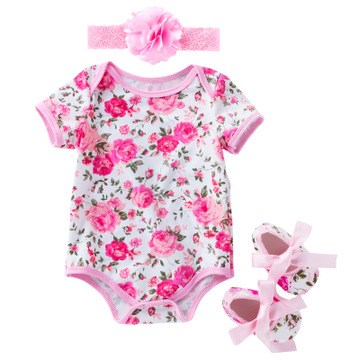 Cute Romper 3pcs Baby Girls Clothes Jumpsuit Romper Headband with shoes Toddler Newborn Outfits Set
