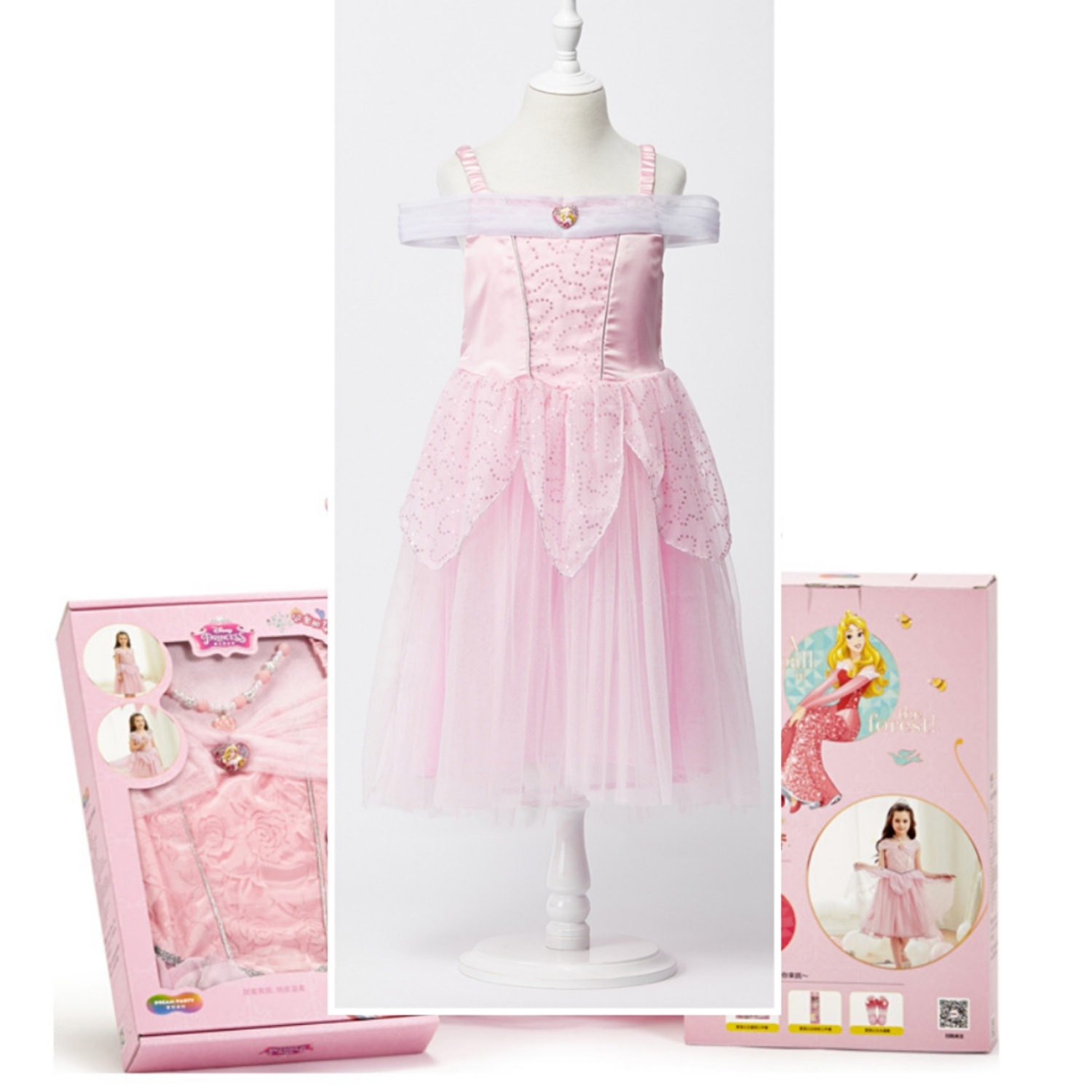 Disney genuine new princess Arlo dress mesh ice silk show Dress Girls summer dress necklace set box