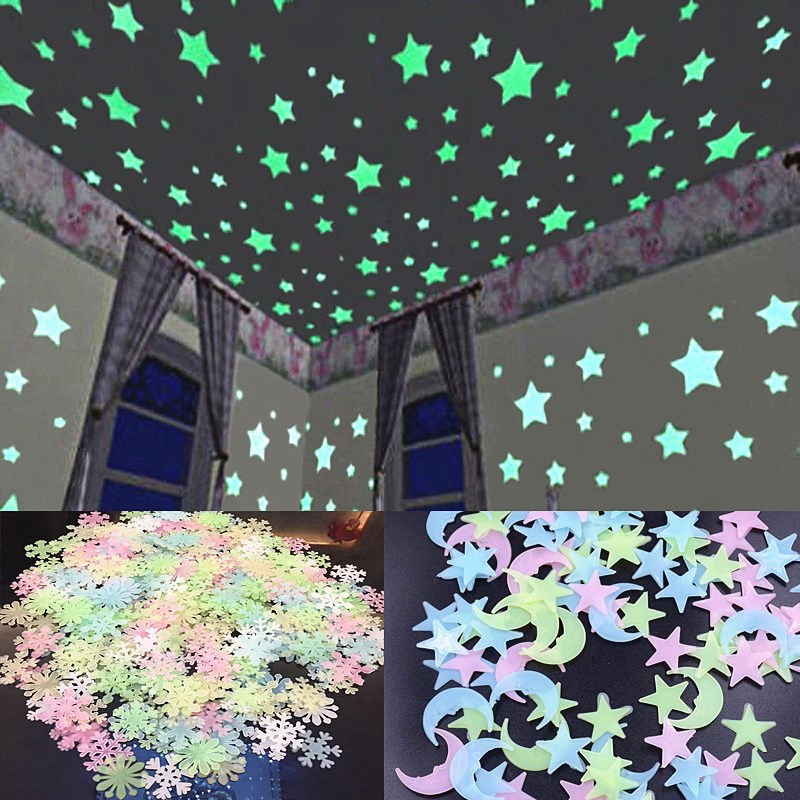100PCS 3D Star And Moon Energy Storage Fluorescent Glow In the dark Luminous Wall Stickers