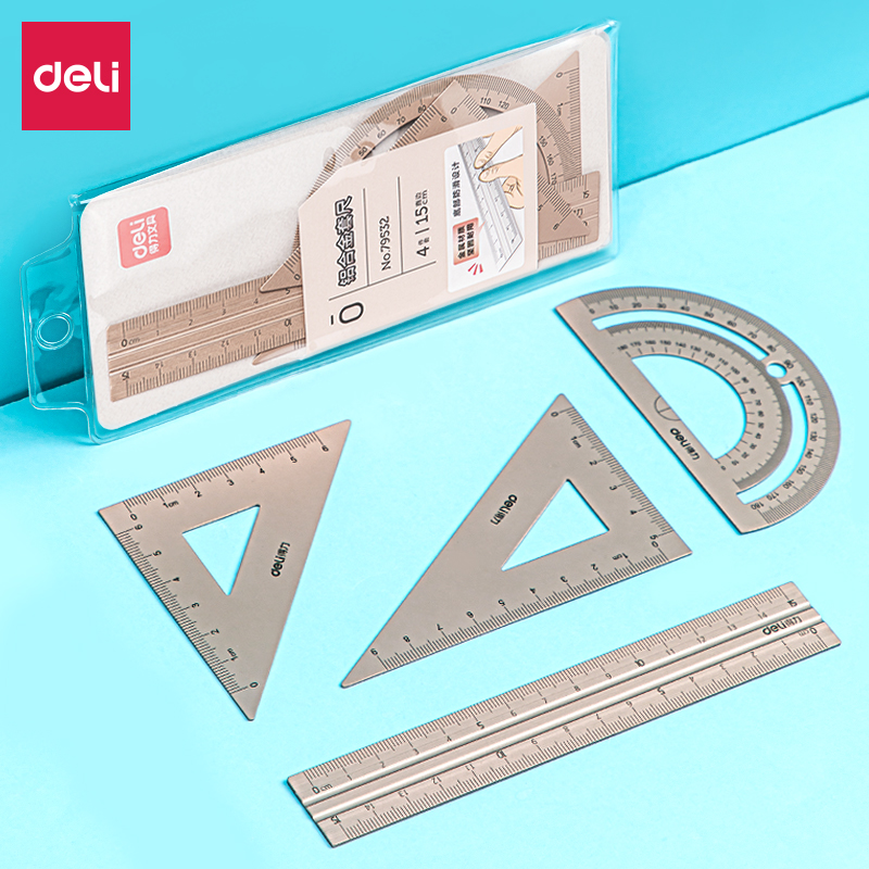 Deli Aluminium Ruler Set 4pcs/set Metal Geometry Maths Drawing compass stationery Rulers