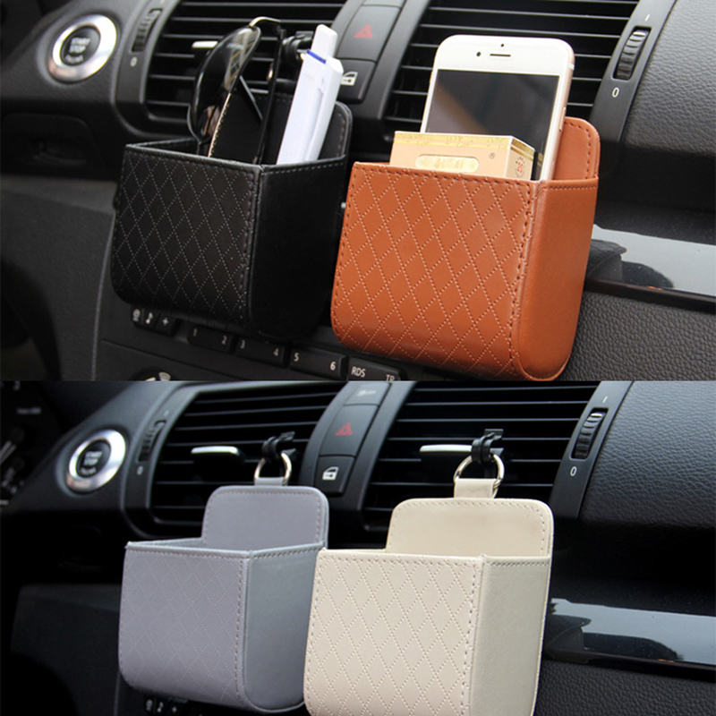 Car Storage Bag Air Vent Dashboard Tidy Hanging Leather Organizer Box Glasses Phone Holder Storage