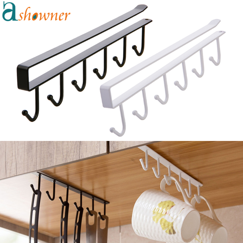 Iron 6 Hooks Storage Shelf Wardrobe Cabinet Metal Under Shelves Mug Cup Hanger Bathroom Kitchen Organizer Hanging Rack Holder