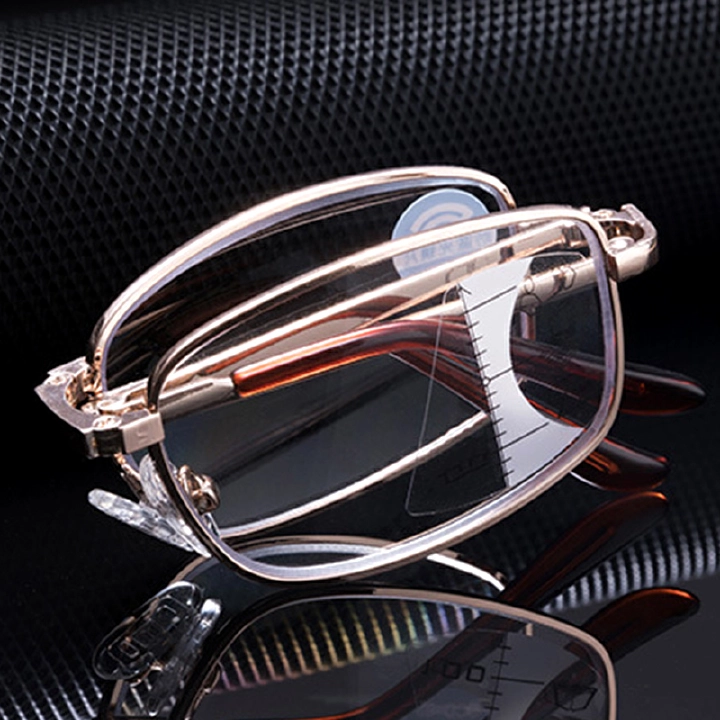 Folding Glasses Portable Reading Glasses Multifocal Mens Anti-Blue Ray Presbyopic Eyeglasses with Leather Case
