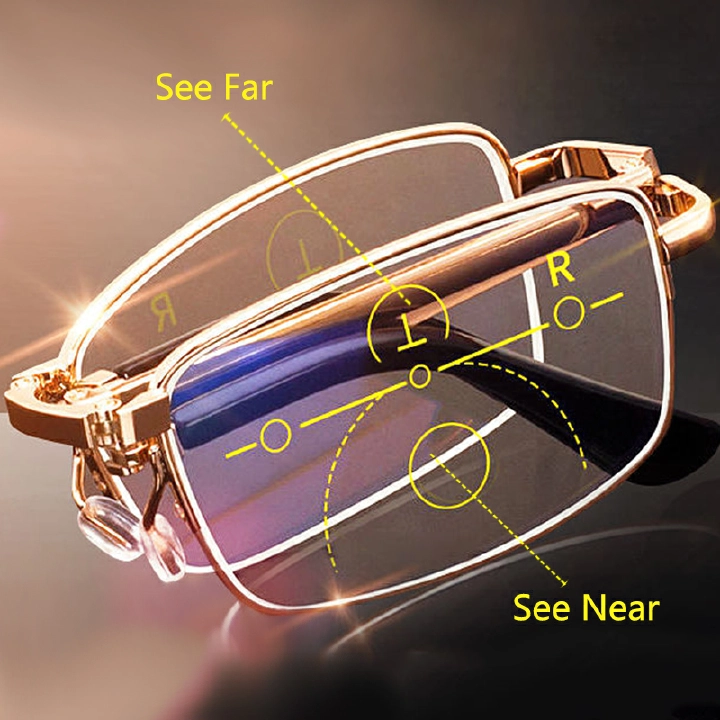 Folding Glasses Portable Reading Glasses Multifocal Mens Anti-Blue Ray Presbyopic Eyeglasses with Leather Case