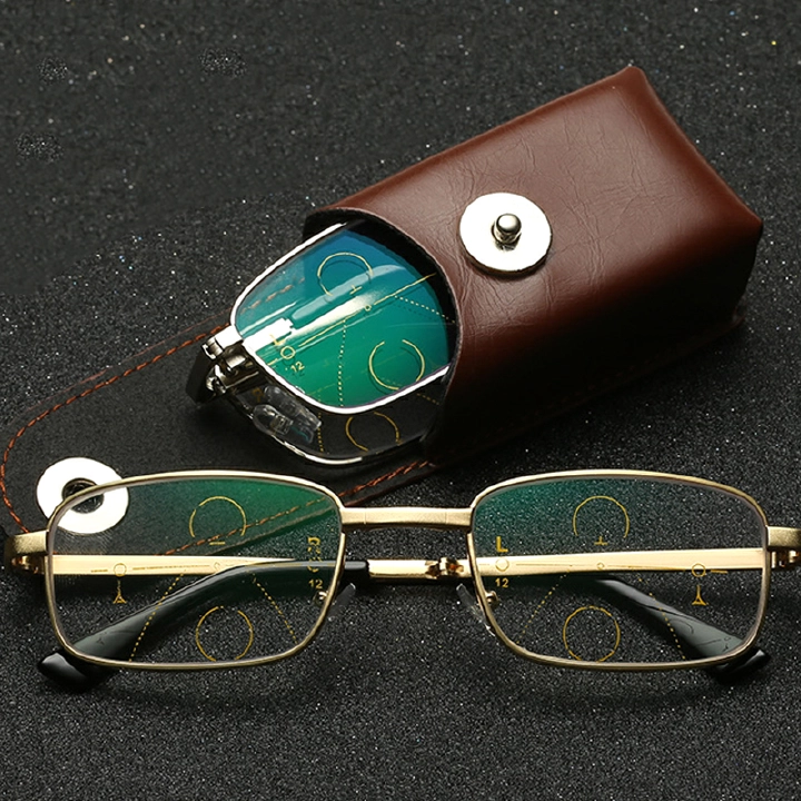 Folding Glasses Portable Reading Glasses Multifocal Mens Anti-Blue Ray Presbyopic Eyeglasses with Leather Case