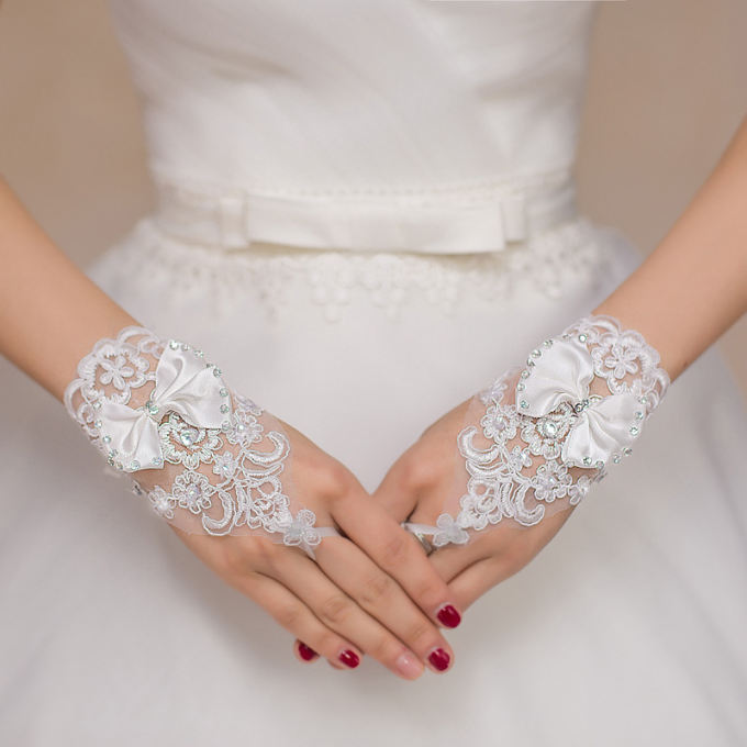 Fingerless Lace Bridal Wedding Gloves with Crystal Beaded Sequins Evening Gloves Women