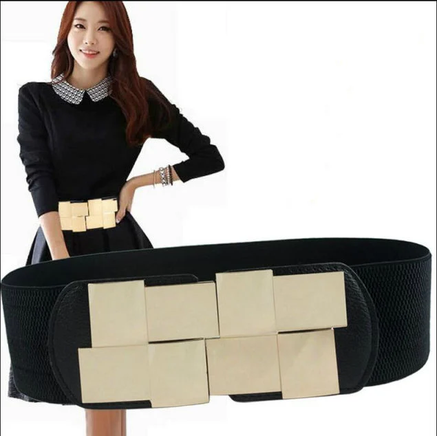 Ladies Fashion Metal Buckle Wide Belt Waist Dress Accessories Bling Stretch Belt