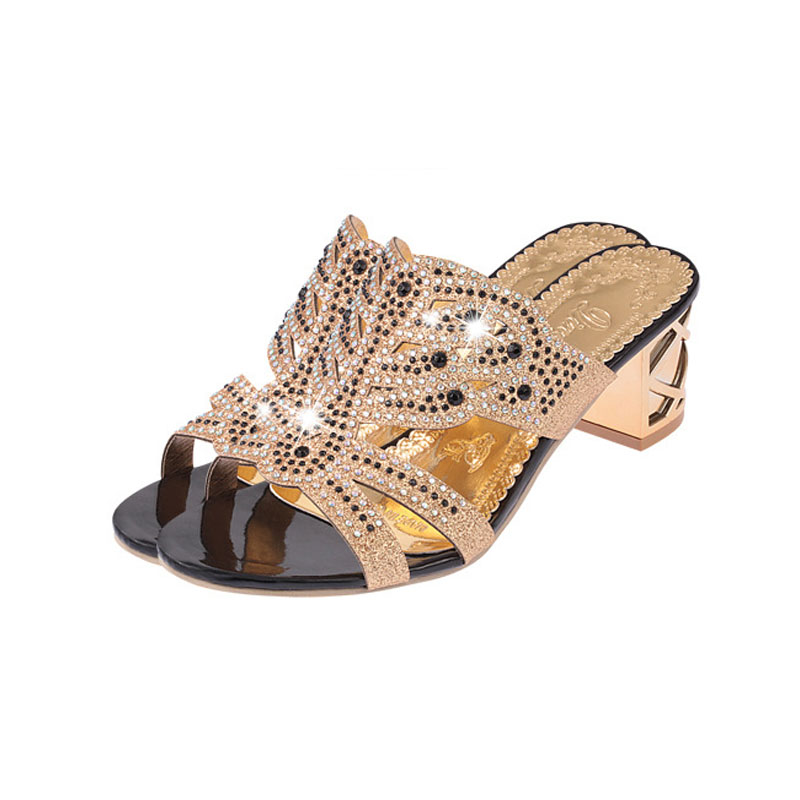 New women&apos;s shoes high heel sandals casual sandals leather rhinestones open toe soft and comfortable