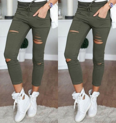New Skinny Jeans Women Denim Pants Holes Destroyed Knee  Casual Trousers Stretch Ripped