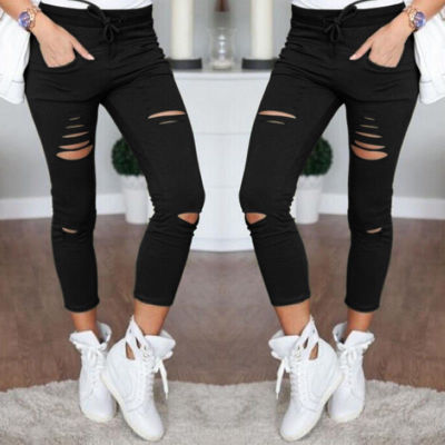 New Skinny Jeans Women Denim Pants Holes Destroyed Knee  Casual Trousers Stretch Ripped