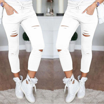 New Skinny Jeans Women Denim Pants Holes Destroyed Knee  Casual Trousers Stretch Ripped