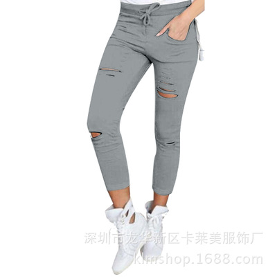 New Skinny Jeans Women Denim Pants Holes Destroyed Knee  Casual Trousers Stretch Ripped