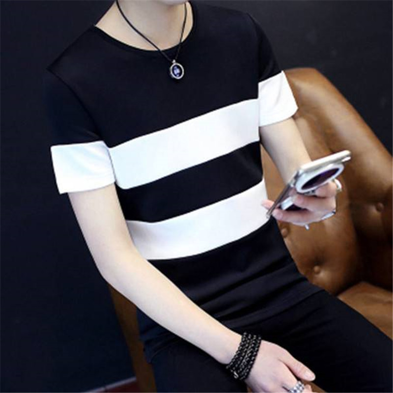men&apos;s clothes round neck striped wild short-sleeved  T-shirt  Men Clothes