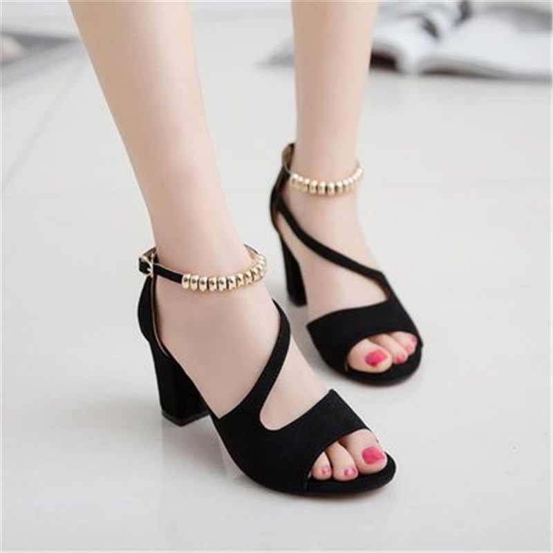 Summer new ladies thick with sandals casual high heels beaded women&apos;s slippers shoes