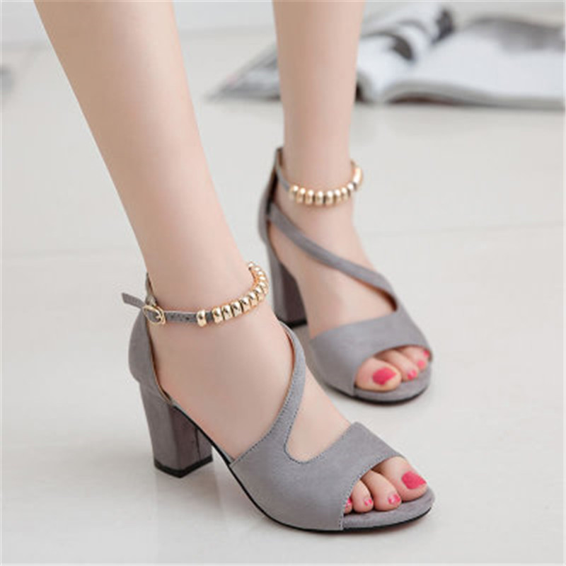 Summer new ladies thick with sandals casual high heels beaded women&apos;s slippers shoes