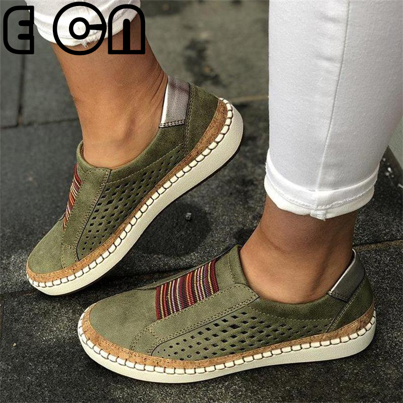 Women's Shoes Hand-stitched Striped Breathable Elastic Band Retro Casual Flat Women's Sneaker