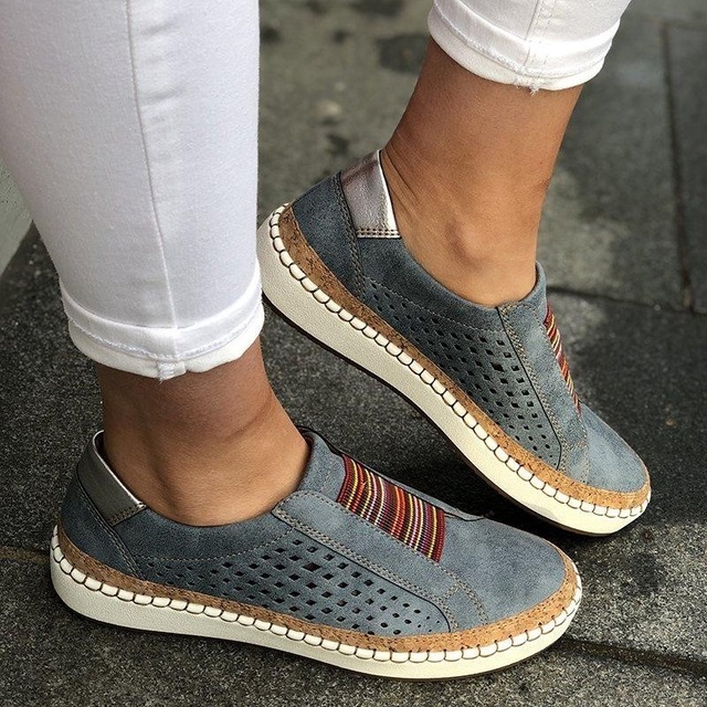 Women's Shoes Hand-stitched Striped Breathable Elastic Band Retro Casual Flat Women's Sneaker