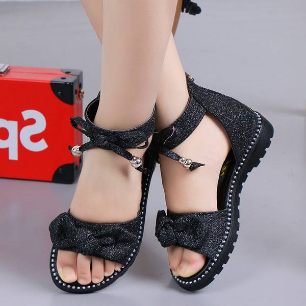 Kids Children Girls Sweet Bowknot Beach Shoes Casual Cute Gold Pink Black Soft Flats Shoes Sandals