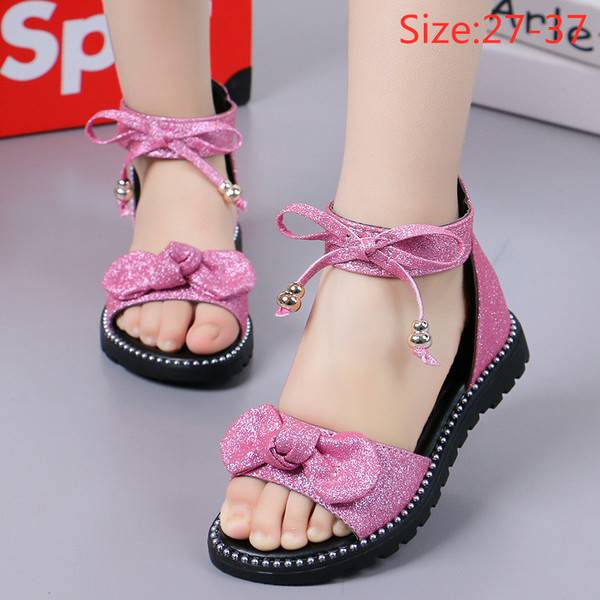 Kids Children Girls Sweet Bowknot Beach Shoes Casual Cute Gold Pink Black Soft Flats Shoes Sandals