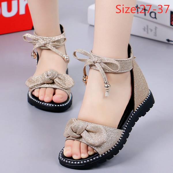 Kids Children Girls Sweet Bowknot Beach Shoes Casual Cute Gold Pink Black Soft Flats Shoes Sandals