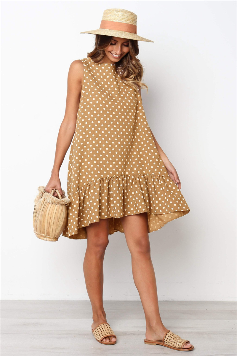 Wave Point  Ruffle Women Sexy Casual Slim Thin Beach Party O Neck  Polka Dot Dresses