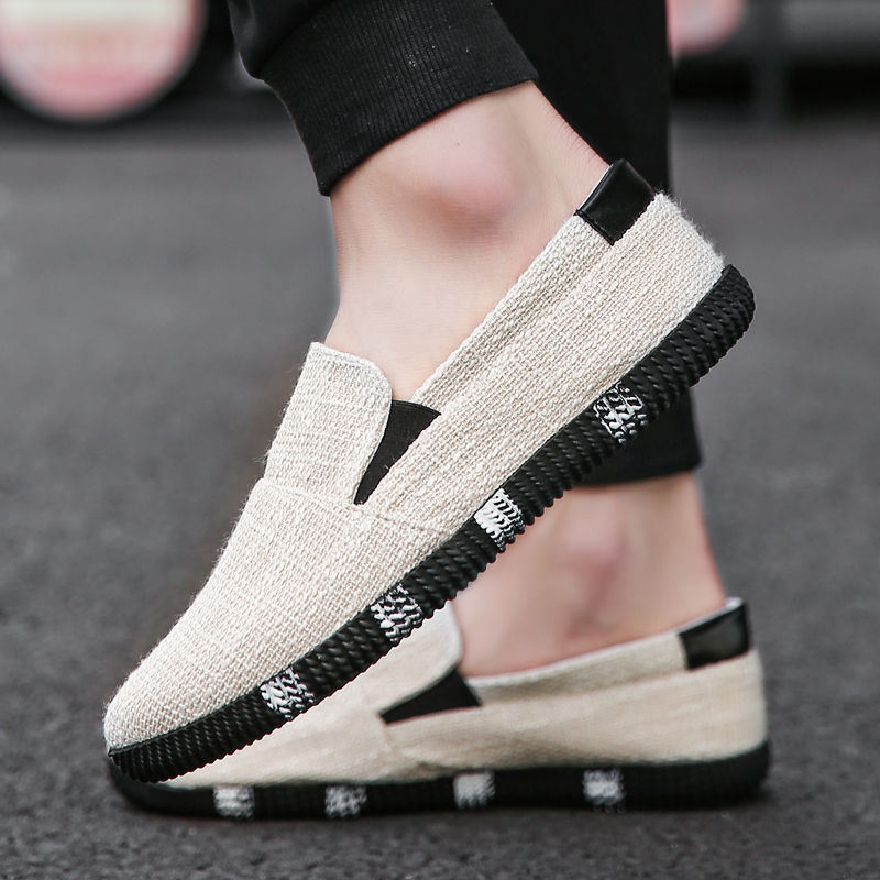 Linen canvas shoes men&apos;s one foot lazy shoes trend linen shoes breathable board   Loafers &amp; Slip-Ons