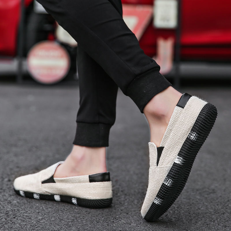 Linen canvas shoes men&apos;s one foot lazy shoes trend linen shoes breathable board   Loafers &amp; Slip-Ons