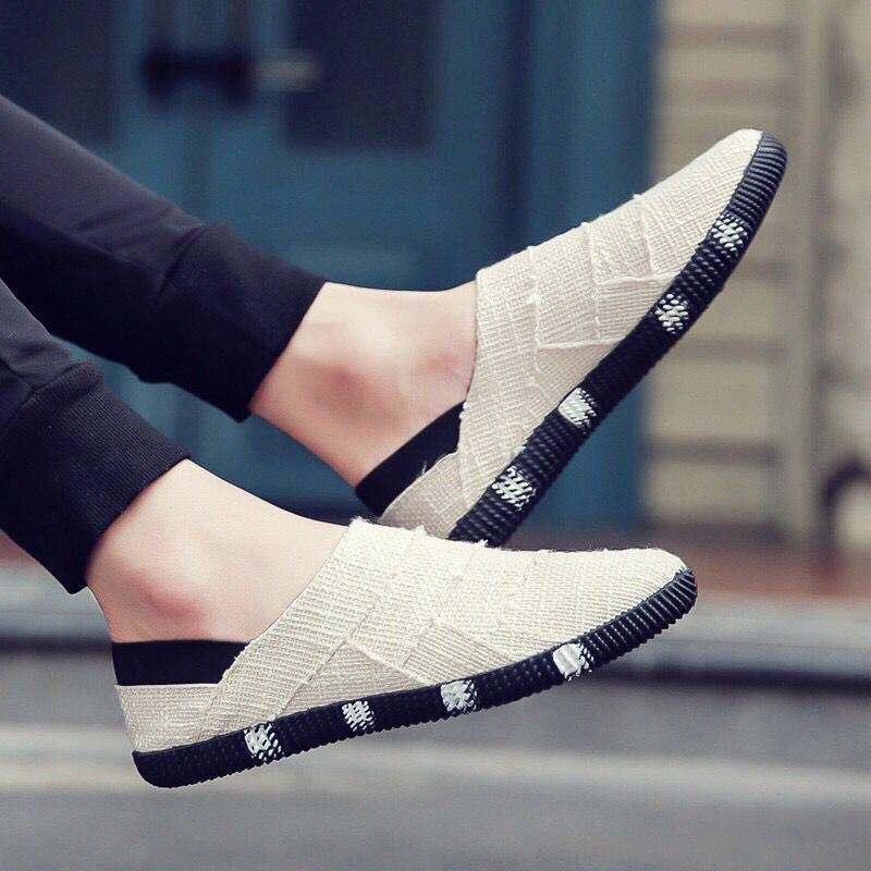 Linen canvas shoes men&apos;s one foot lazy shoes trend linen shoes breathable board   Loafers &amp; Slip-Ons