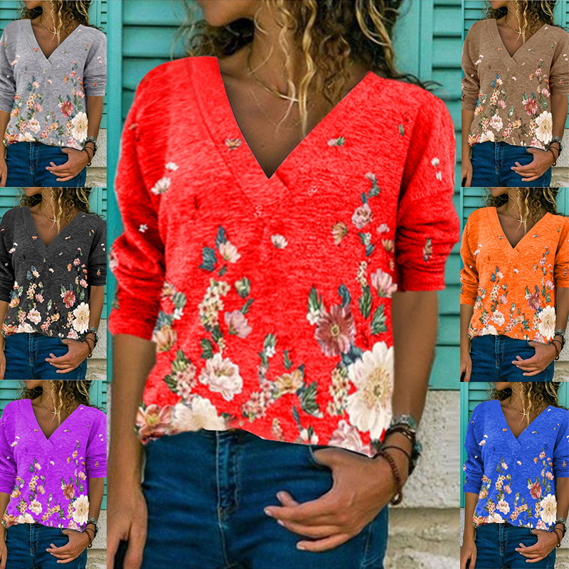 New European and American V-neck pullover print long-sleeved top T-shirt women tops
