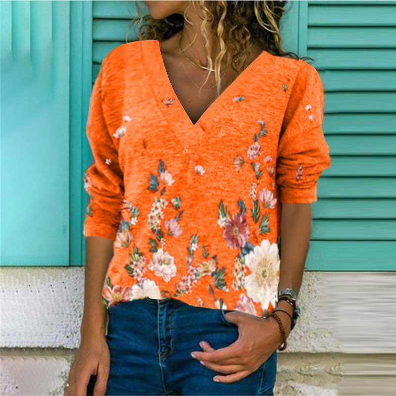 New European and American V-neck pullover print long-sleeved top T-shirt women tops