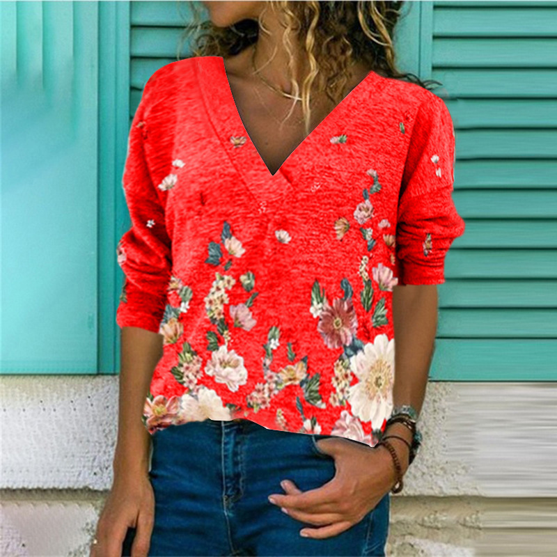 New European and American V-neck pullover print long-sleeved top T-shirt women tops
