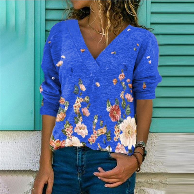 New European and American V-neck pullover print long-sleeved top T-shirt women tops