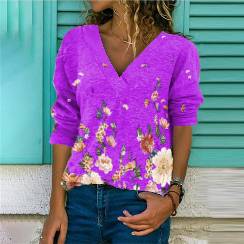 New European and American V-neck pullover print long-sleeved top T-shirt women tops