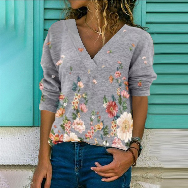 New European and American V-neck pullover print long-sleeved top T-shirt women tops