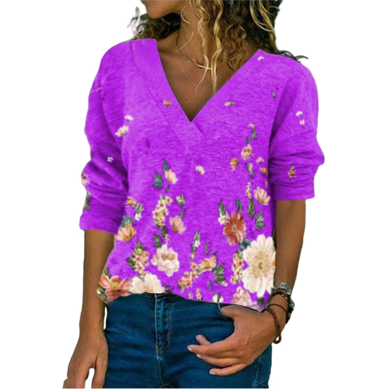 New European and American V-neck pullover print long-sleeved top T-shirt women tops