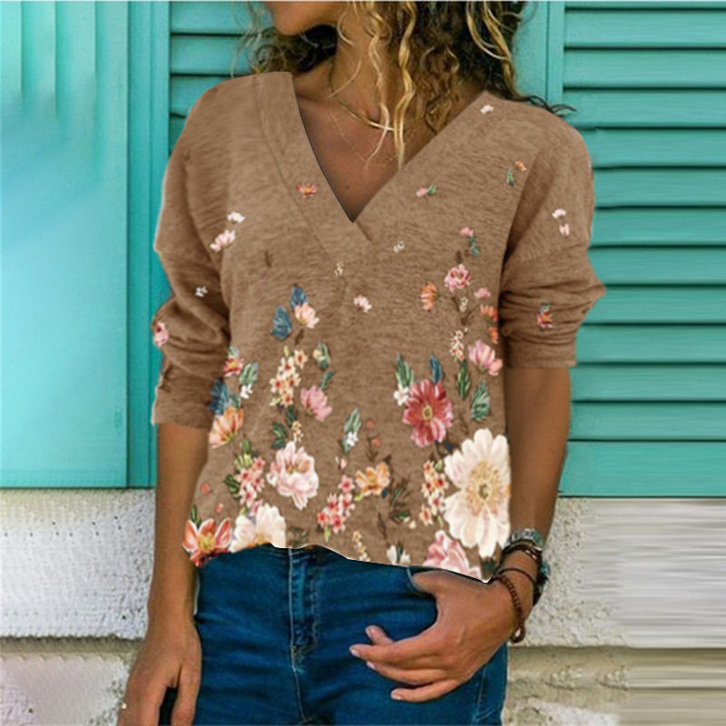 New European and American V-neck pullover print long-sleeved top T-shirt women tops