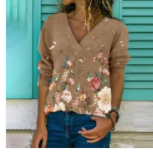 New European and American V-neck pullover print long-sleeved top T-shirt women tops