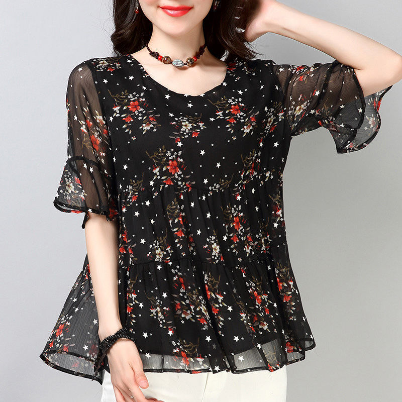 Chiffon short-sleeved plus fat plus size women's blouse floral loose T-shirt