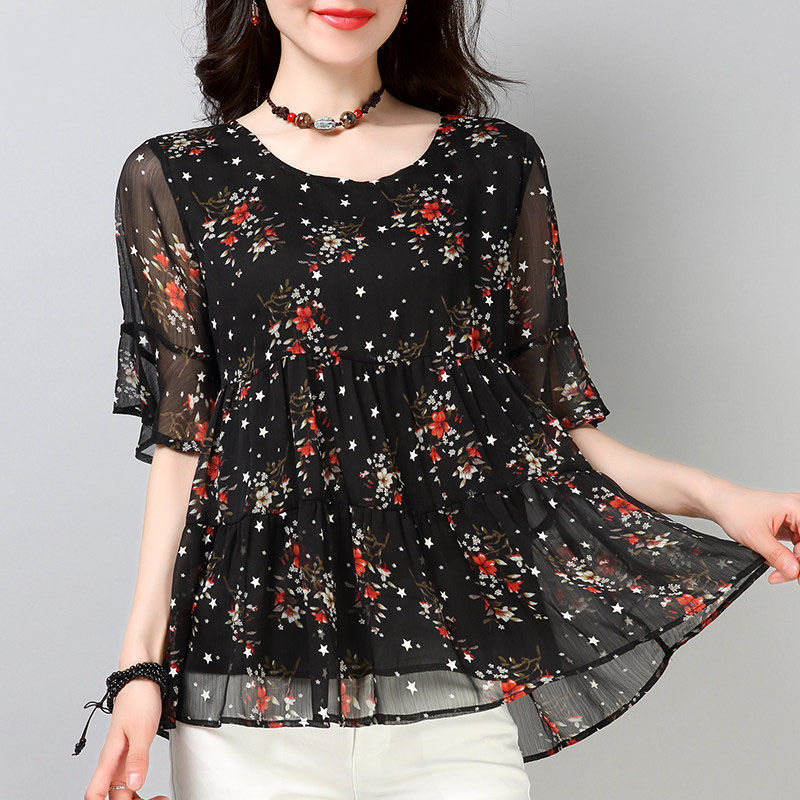 Chiffon short-sleeved plus fat plus size women's blouse floral loose T-shirt